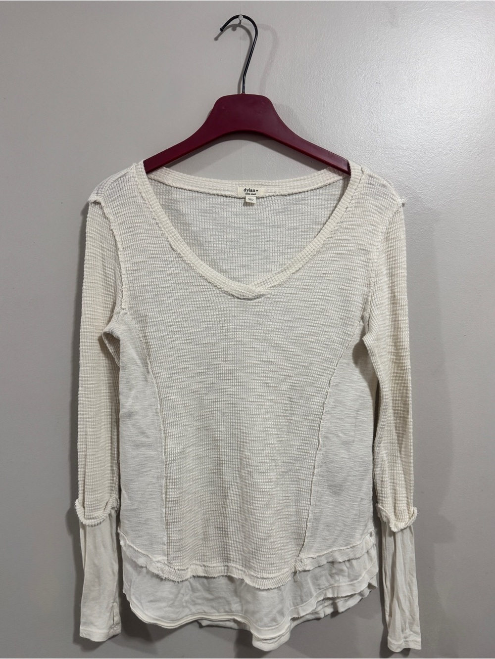 100% Cotton Dylan Cream Waffle Knit Long Sleeve Top Boho Thermal Layered Hem XS